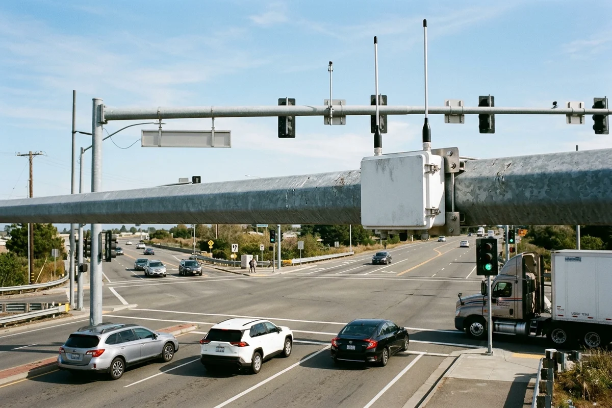 A signalized highway gantry with a roadside communication unit and vertical antennas mounted above roadway traffic lanes.