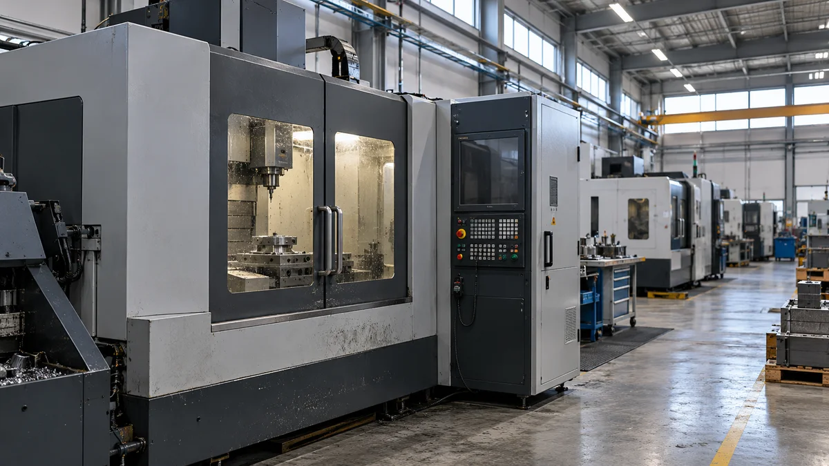 Enclosed CNC machines and their operator panels along a machining workshop aisle.