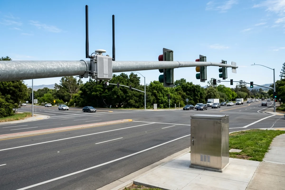 A signalized roadway intersection with a roadside communication unit and vertical antennas mounted on the horizontal mast arm above traffic lanes.