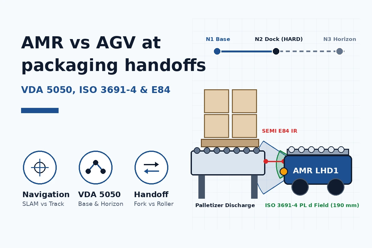 Palletizer discharge conveyor transferring a pallet to a mobile robot with ISO 3691-4 safety fields, VDA 5050 nodes, and SEMI E84 optical interlock.