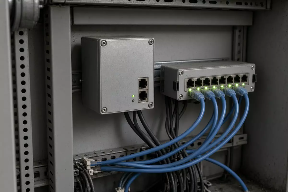 Unlabeled network hardware and blue cables inside a control cabinet.
