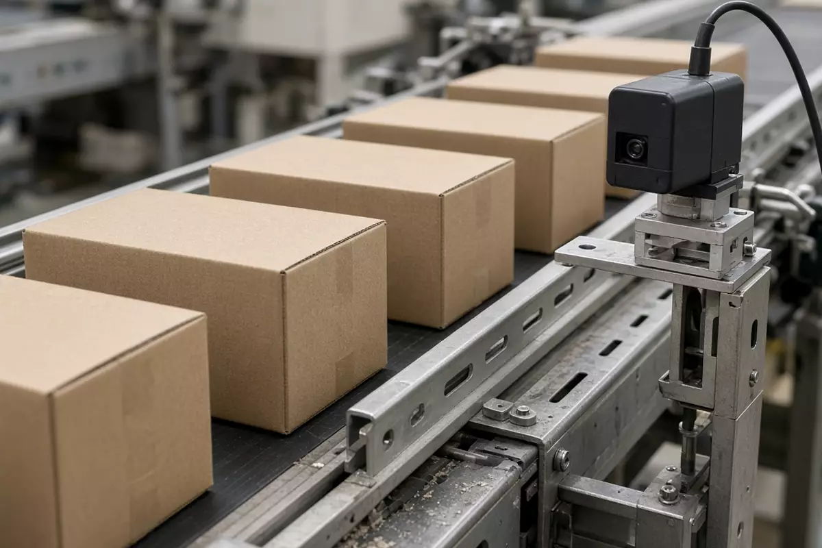 Cartons on a packaging conveyor beside an unbranded sensor.